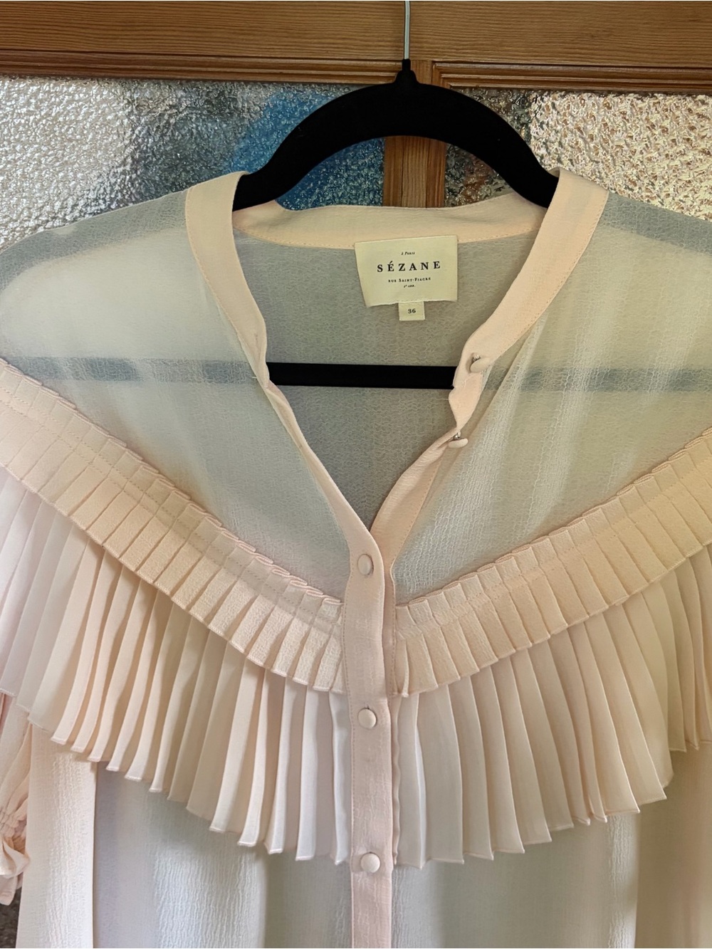 Sezane Tomette Pale Pink Pleated Ruffle Button-Up Blouse size 36 - Picture 3 of 4